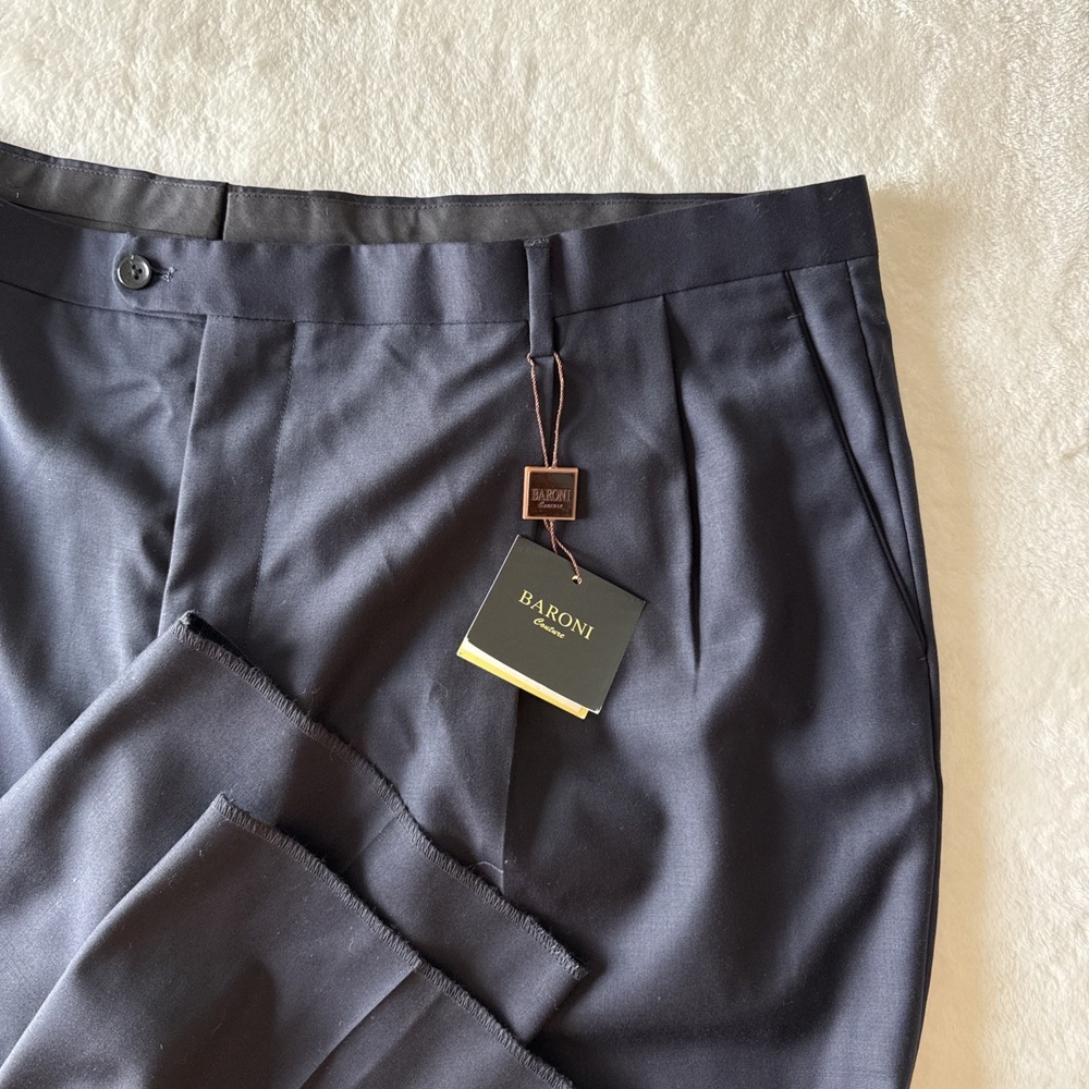 BARONI Mens Dress Pants 46 Unhemmed Navy 100% Wool Flat Front‎ Trousers